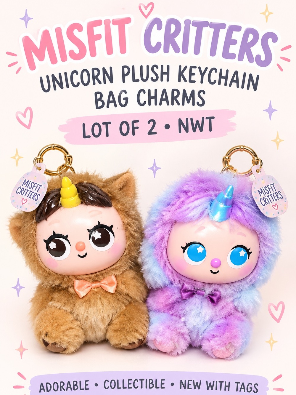 Misfitt Critters Unicorn Plush Keychain Bag Charm Lot of 2 NWT